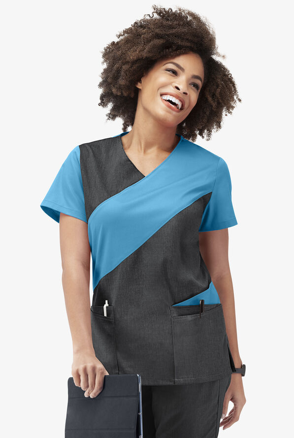 Butter-Soft STRETCH Women's 5-Pocket Asymmetric Scrub Top - Heather Charcoal/Turquoise - 3