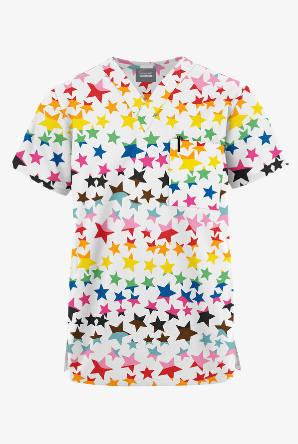 Butter-Soft Originals Happy Stars Unisex 2-Pocket V-Neck Print Scrub Top - null - 1