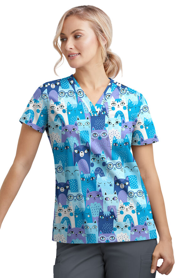 Blusa médica estampada Happy Scrubs Party Time Turquoise con cuello en V y 1 bolsillo para mujer - null - 2