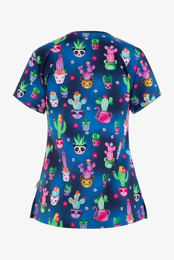 Zavate Ava Therese Stuck On You Cacti Women's 2-Pocket STRETCH V-Neck Print Scrub Top - null - 2