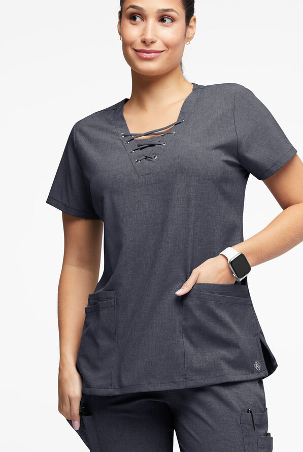 Easy STRETCH Gisele Women's 4-Pocket Lace Up V-Neck Scrub Top - Charcoal Heather - 4
