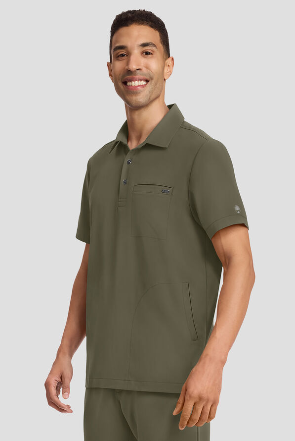 Healing Hands Quest Aidan Men's 3-Pocket STRETCH Shirt Collar Scrub Top - Olive - 2