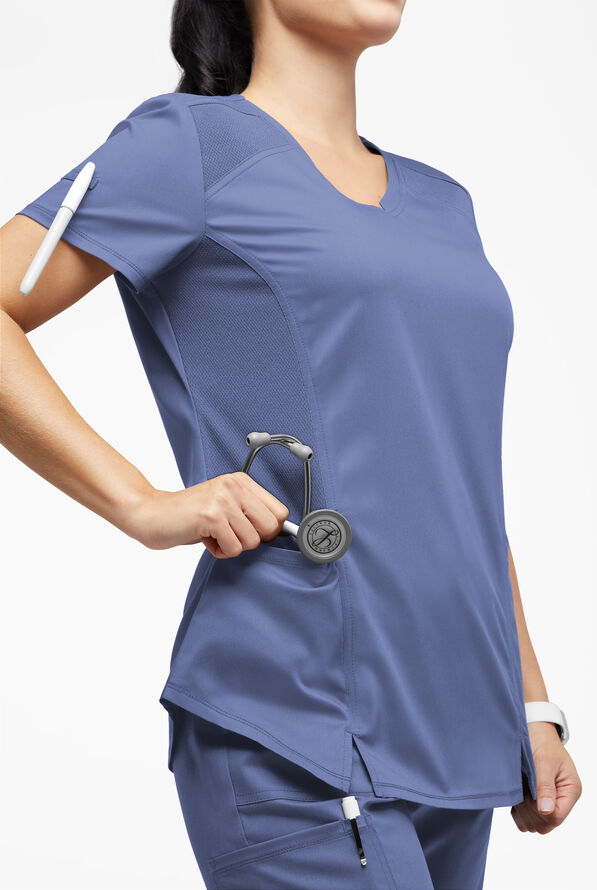 UA Exclusive Cherokee Workwear Revolution Women's 2-Pocket STRETCH Mesh Trim V-Neck Scrub Top - Ceil Blue - 4