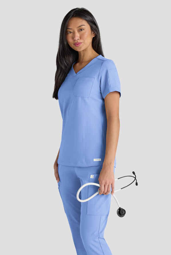 ReSurge Diamond Women's 3-Pocket V-Neck Tuck In / Wear Out Scrub Top - Ceil Blue - 6