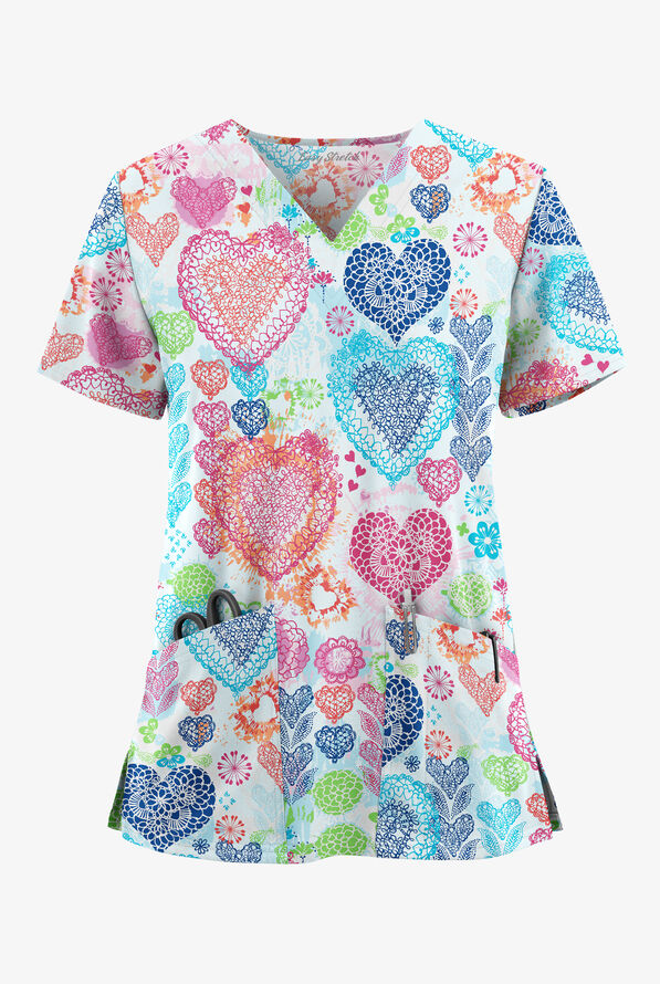 Easy STRETCH Ornate Hearts Women's 2-Pocket V-Neck Print Scrub Top - null - 1