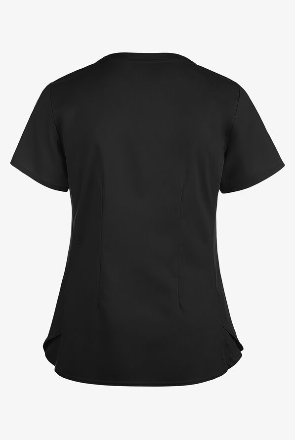 Med Couture Touch Women's 3-Pocket STRETCH Rib-Knit Side Panels Shirttail V- Neck Scrub Top - Black - 2