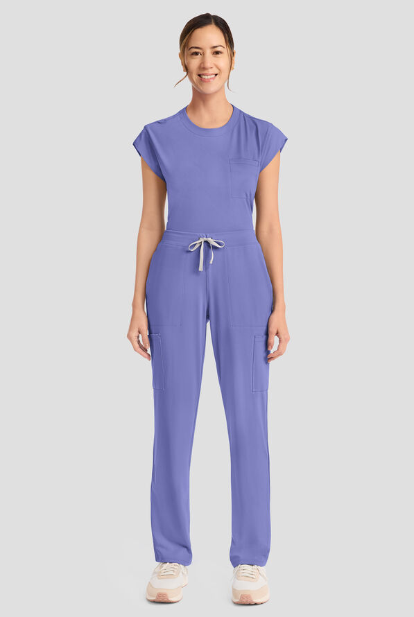 Cherokee Achieve Women's 5-Pocket STRETCH Elastic Waist Drawstring Cargo Scrub Pants - Ceil Blue - 5