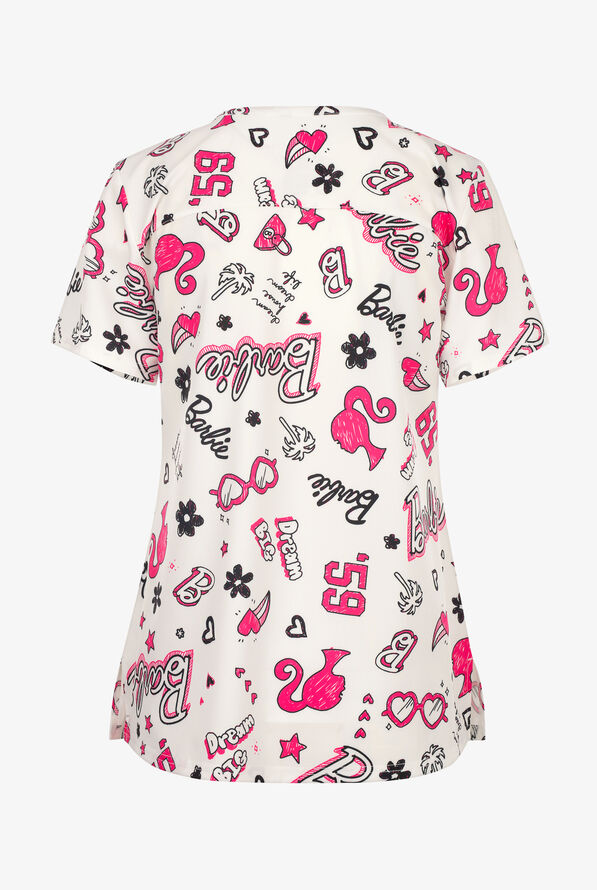FUNSCRUBS Barbie Love Women's 2-Pocket STRETCH V-Neck Print Scrub Top - null - 2