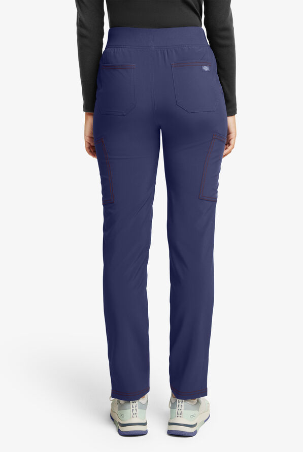 Dickies Riveting Women's 6-Pocket STRETCH Rib-Knit Waist Contrast Stitching Cargo Scrub Pants - Navy - 2