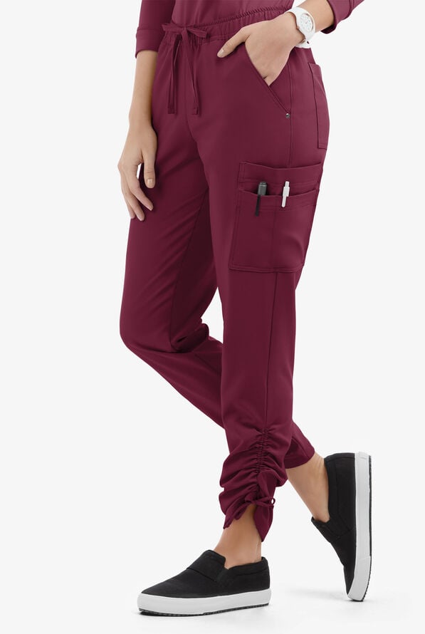 Easy STRETCH Halle Women's 11-Pocket Ruched Leg Jogger Scrub Pants - Petite - Wine - 1