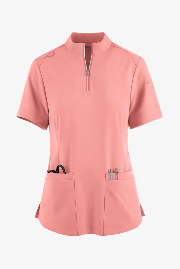 Blusa médica Easy STRETCH Jen con cremallera en el cuello y 4 bolsillos para mujer - Autumn Coral - 1