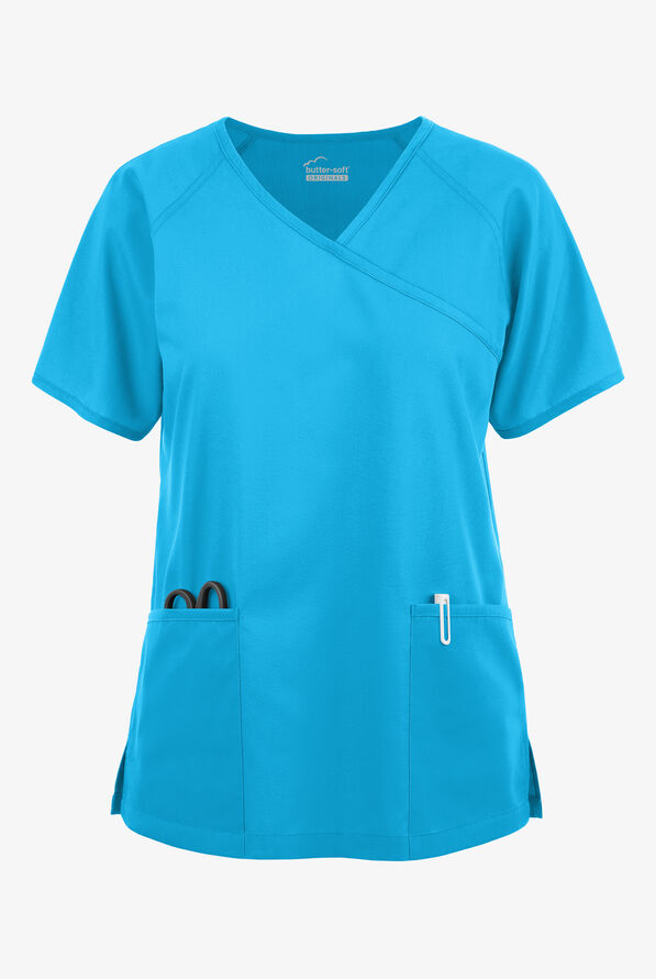 Blusa médica Butter-Soft Originals estilo cruzado con mangas raglán y 3 bolsillos para mujer - Turquoise - 1
