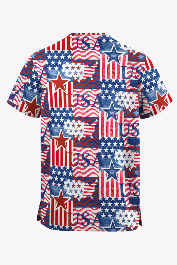 Butter-Soft Originals Happy Fourth Navy Unisex 2-Pocket V-Neck Print Scrub Top - null - 2