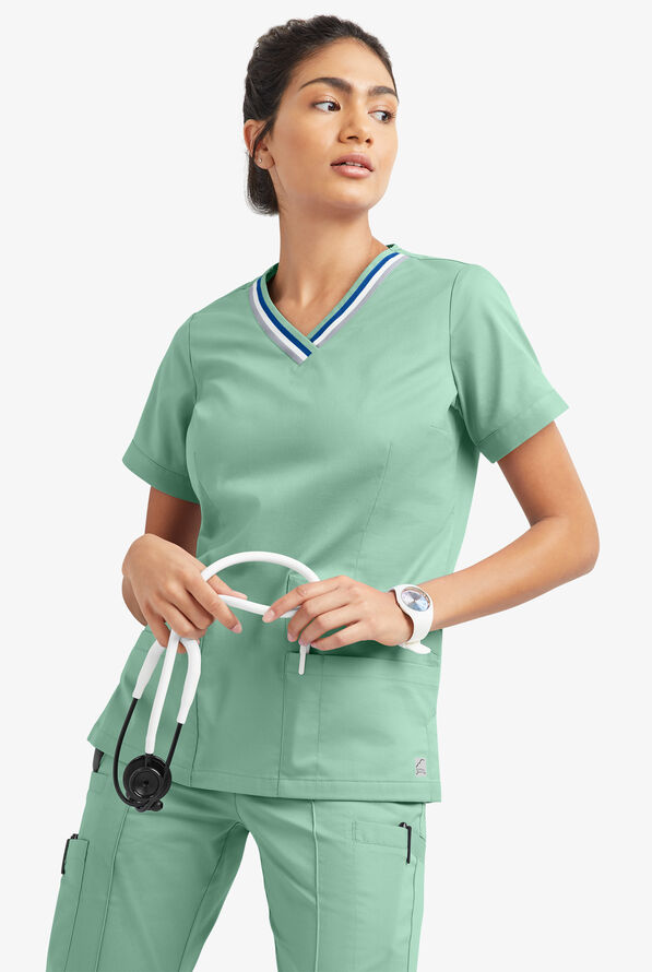 Butter-Soft STRETCH Women's 5-Pocket Short Sleeve V-Neck with Sport Trim Detail Scrub Top - Water Mint - 6