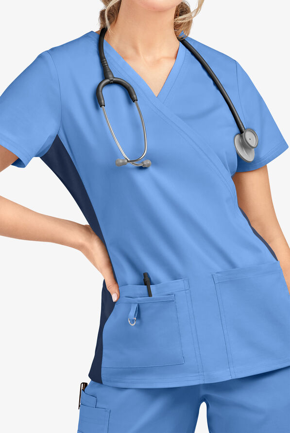 Butter-Soft STRETCH Women's 3-Pocket V-Neck with Side Knit Panels Scrub Top - Ceil/Navy - 4