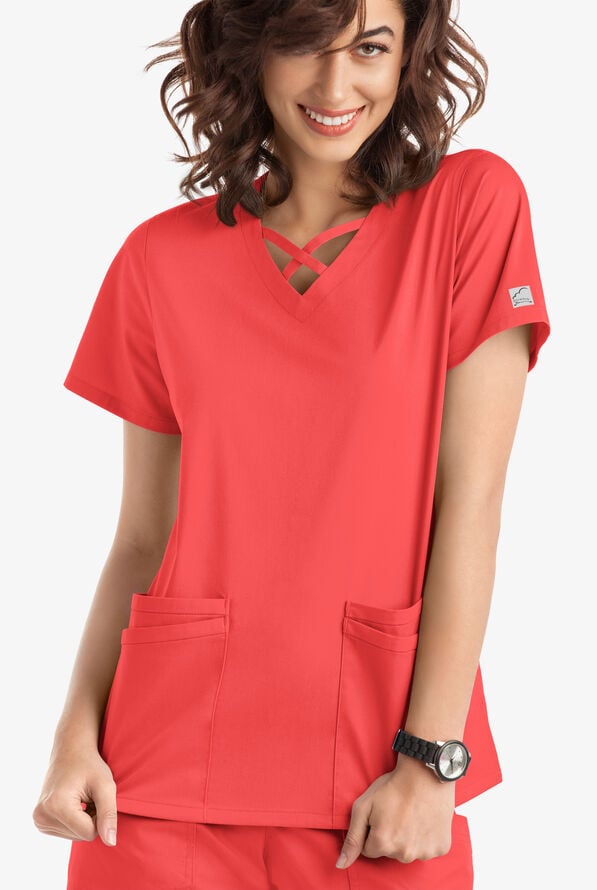 Blusa m&eacute;dica UA Butter-Soft STRETCH con lazos entrecruzados y 4 bolsillos para mujer - Radiant Red - 2