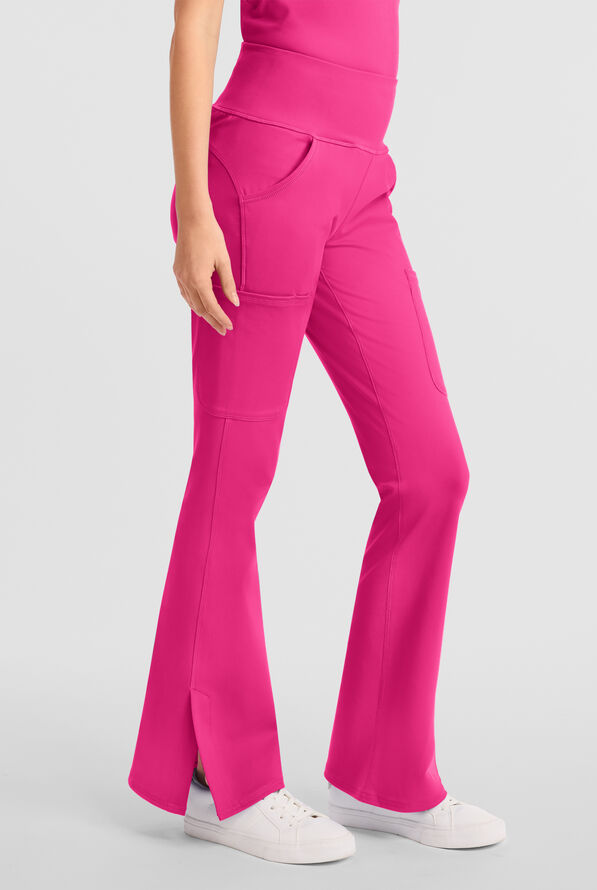 Med Couture Amp Knit Women's 5-Pocket STRETCH High-Rise Yoga Waistband Flare Leg Scrub Pant - Pink Power - 2