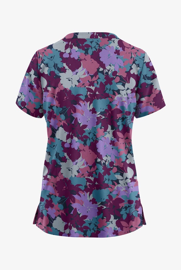 Blusa médica estampada Butter-Soft STRETCH Layered Floral Navy con cuello con muesca y 4 bolsillos para mujer - null - 2
