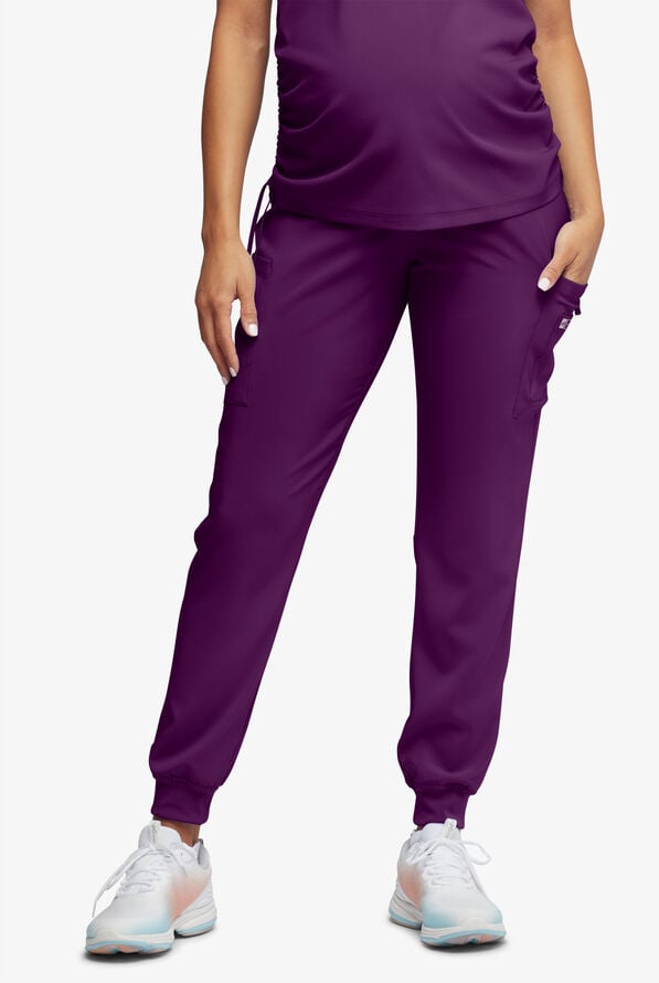 Easy STRETCH Chrissy Women's Maternity 4-Pocket Tapered Leg Jogger Scrub Pants - Eggplant - 1