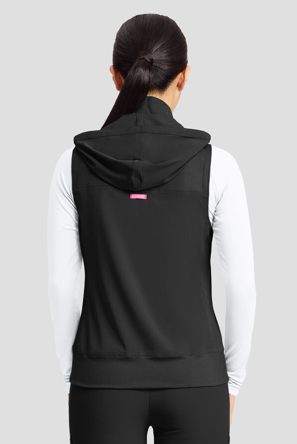 Med Couture Amp Women's 4-Pocket STRETCH Zip Front Removable Hoodie Scrub Vest - Black - 6