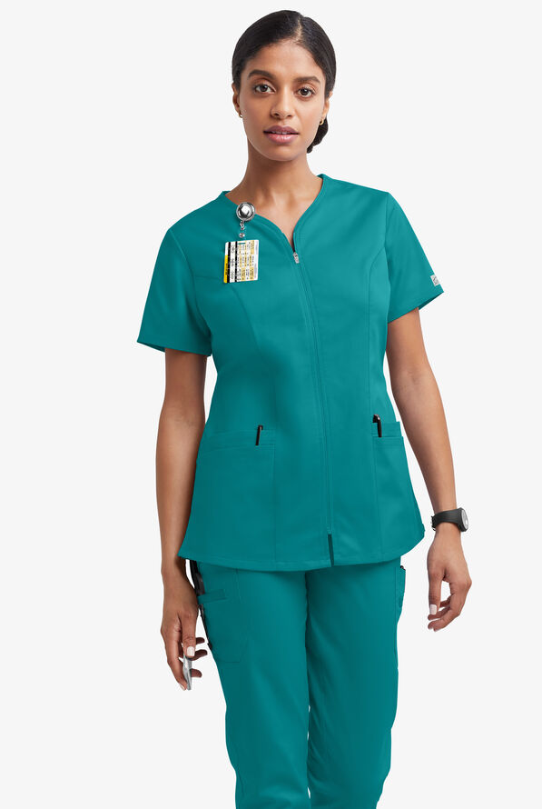 Butter-Soft STRETCH Women's 4-Pocket Smooth Face Zipper Scrub Top - Teal - 2