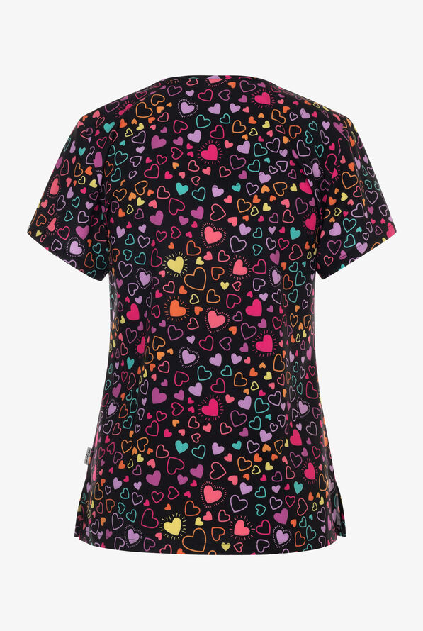 Zavate Ava Therese Happy Hearts Women's 2-Pocket STRETCH V-Neck Print Scrub Top - null - 2
