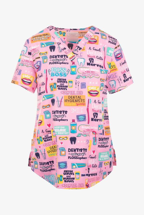 Blusa médica estampada Cherokee Dental Life STRETCH con cuello en V y 2 bolsillos para mujer - null - 1