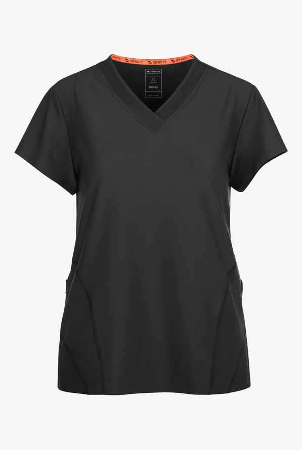 Infinity GNR8 Kinetic Knit Women's 2-Pocket STRETCH Mesh Overlay V-Neck Scrub Top - Black - 1