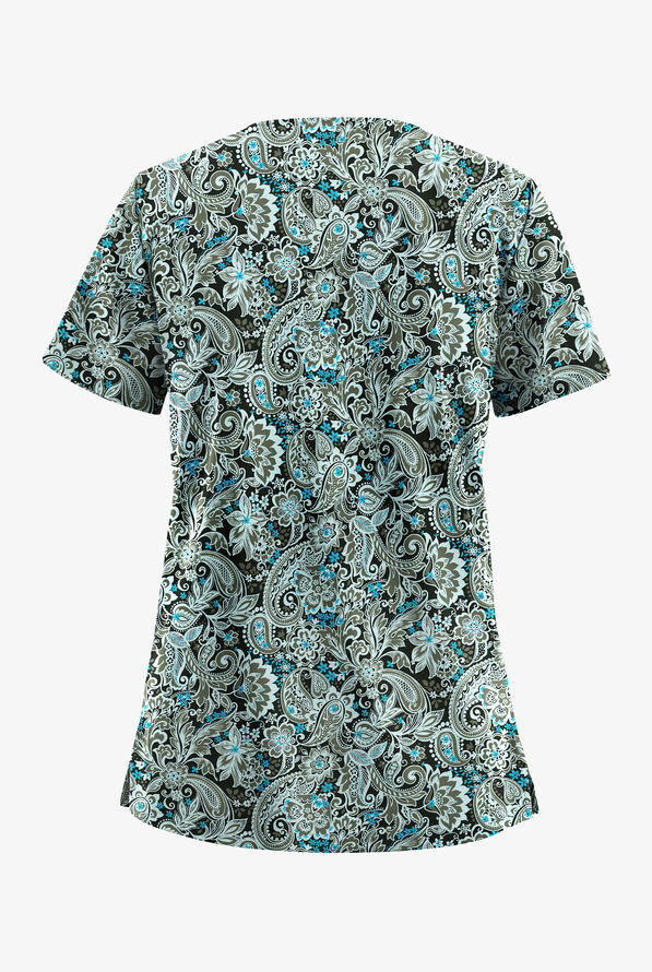 Butter-Soft STRETCH Black Romantic Paisley Women's 2-Pocket V-Neck Print Scrub Top - null - 2