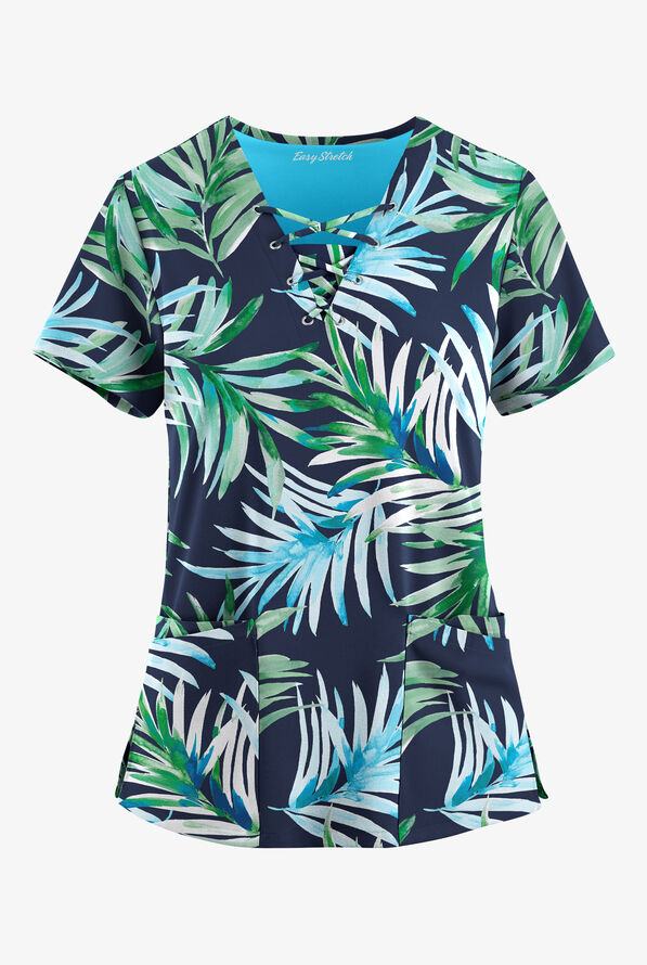 Easy STRETCH Flower Splash Navy Women's 4-Pocket Lace Up V-Neck Print Scrub Top - null - 1