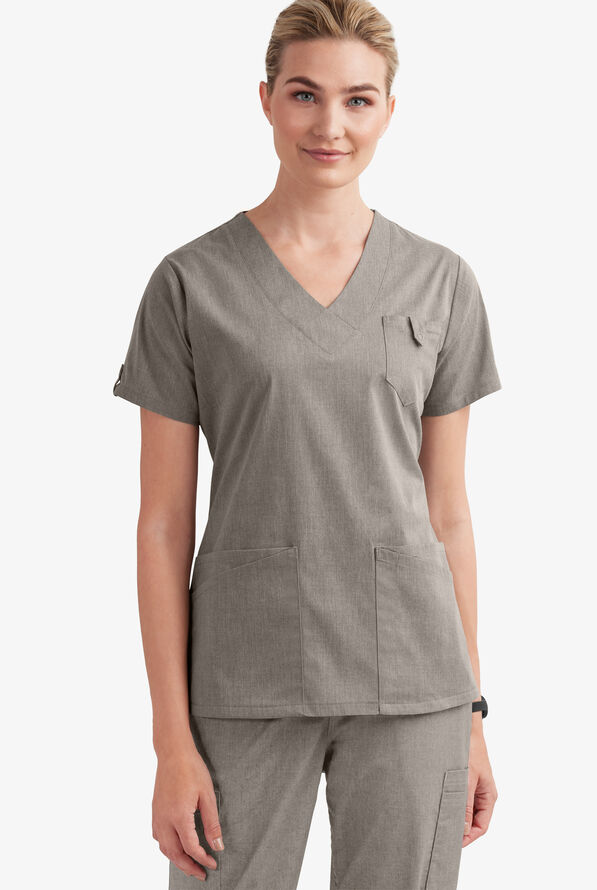 Butter-Soft STRETCH Women's 6-Pocket V-Neck Scrub Top - Heather Grey - 2