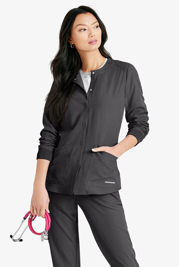 Skechers by Barco Stability Women's 2-Pocket STRETCH Warm-Up Scrub Jacket - Pewter - 3
