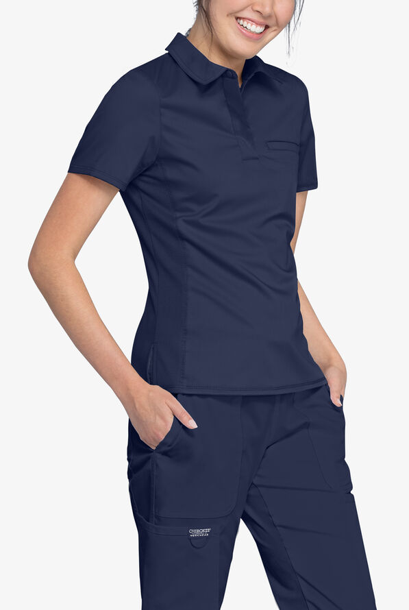 Cherokee Workwear Revolution Women's 1-Pocket STRETCH Snap Front Polo Scrub Top - Navy - 4