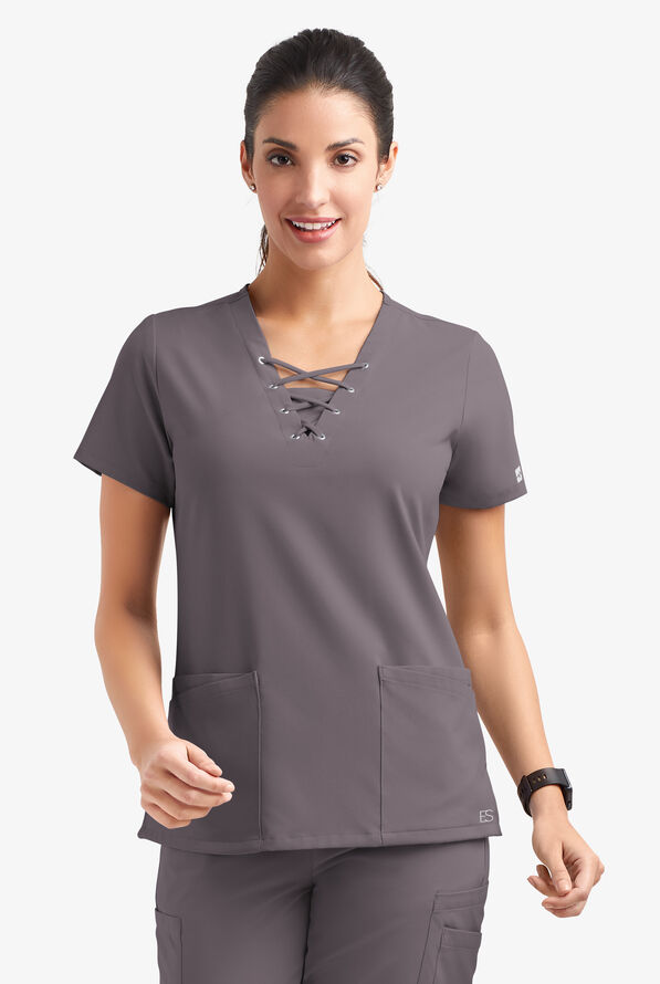 Easy STRETCH Gisele Women's 4-Pocket Lace Up V-Neck Scrub Top - Grey Stone - 2