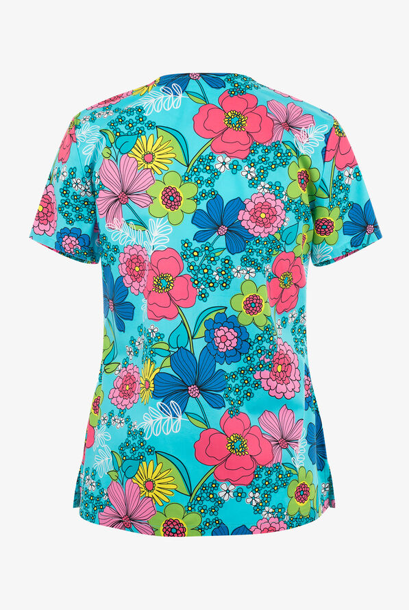 Cherokee Genuine Retro Buds Floral Women's 2Pocket STRETCH Mock Wrap