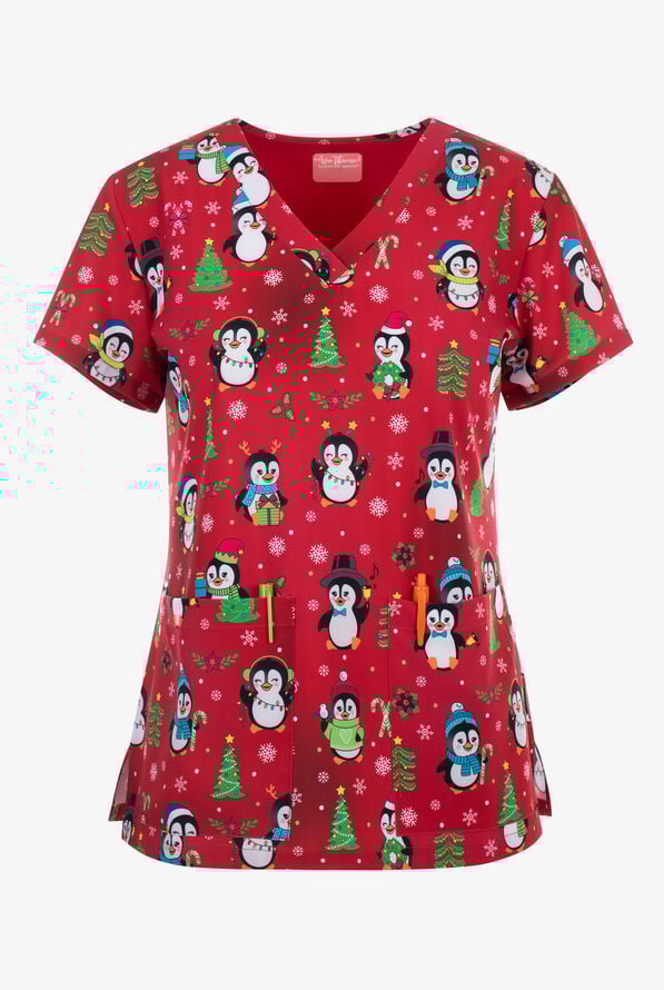 Blusa médica estampada Zavate Ava Therese Penguin Cheer STRETCH con cuello en V y 2 bolsillos para mujer - null - 1