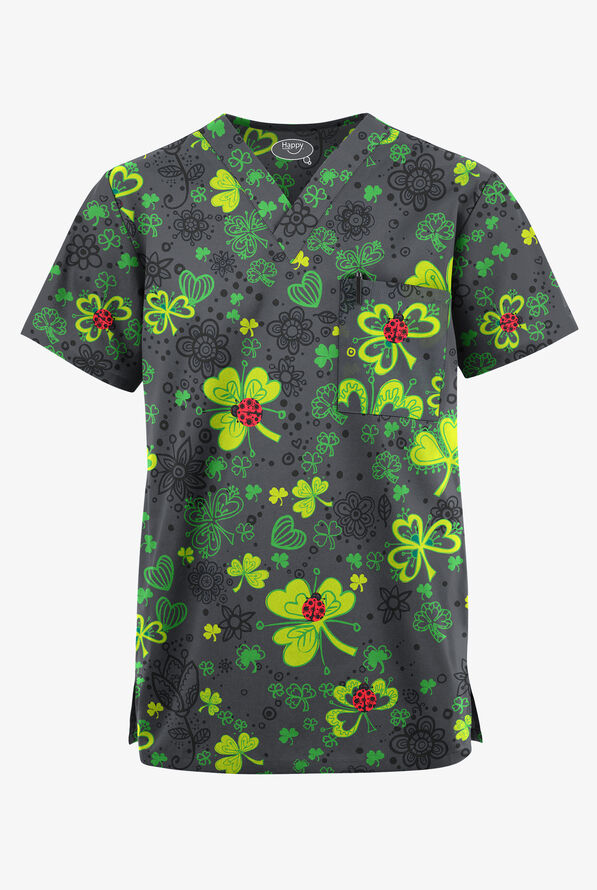 Happy Scrubs Ladies & Clovers Pewter Unisex 2-Pocket V-Neck Print Scrub Top - null - 1