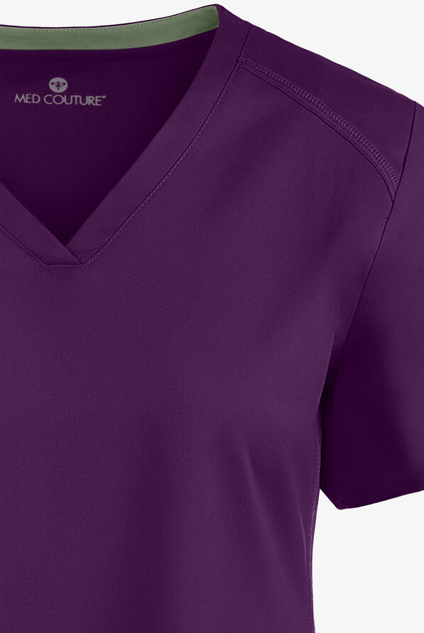 Med Couture Touch Women's 3-Pocket STRETCH Rib-Knit Side Panels Shirttail V-Neck Scrub Top - Eggplant - 4