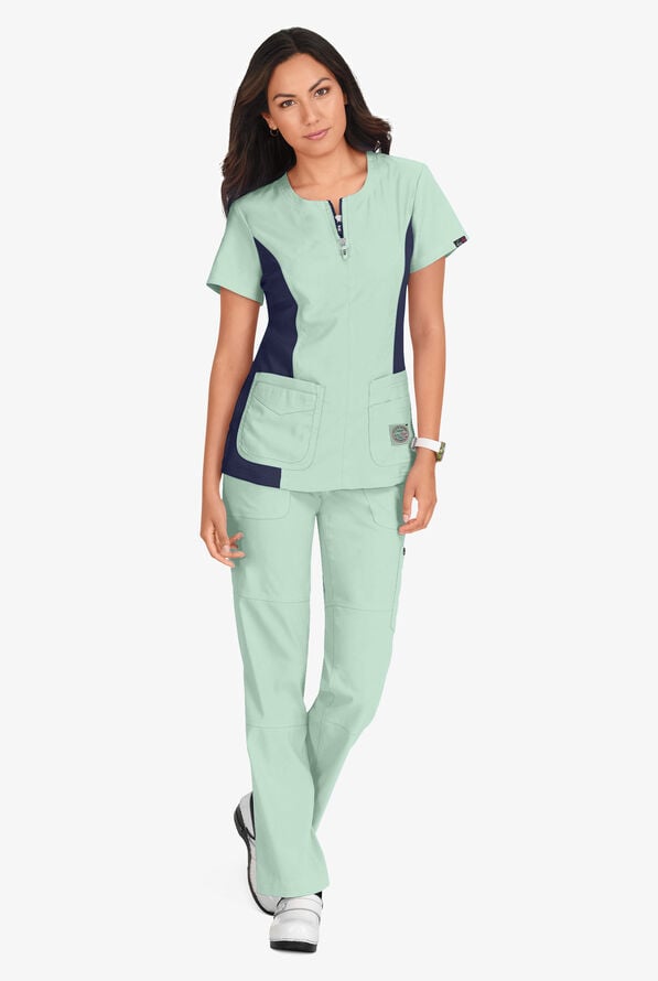koi Lite™ Serenity Women's 4-Pocket Double Zipper Scrub Top - Sage/Navy - 5