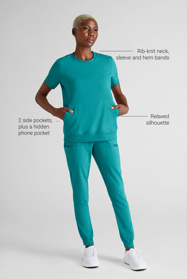 Easy STRETCH Anya Women's 2-Pocket Relaxed Crew Neck Scrub Top - Teal - 3