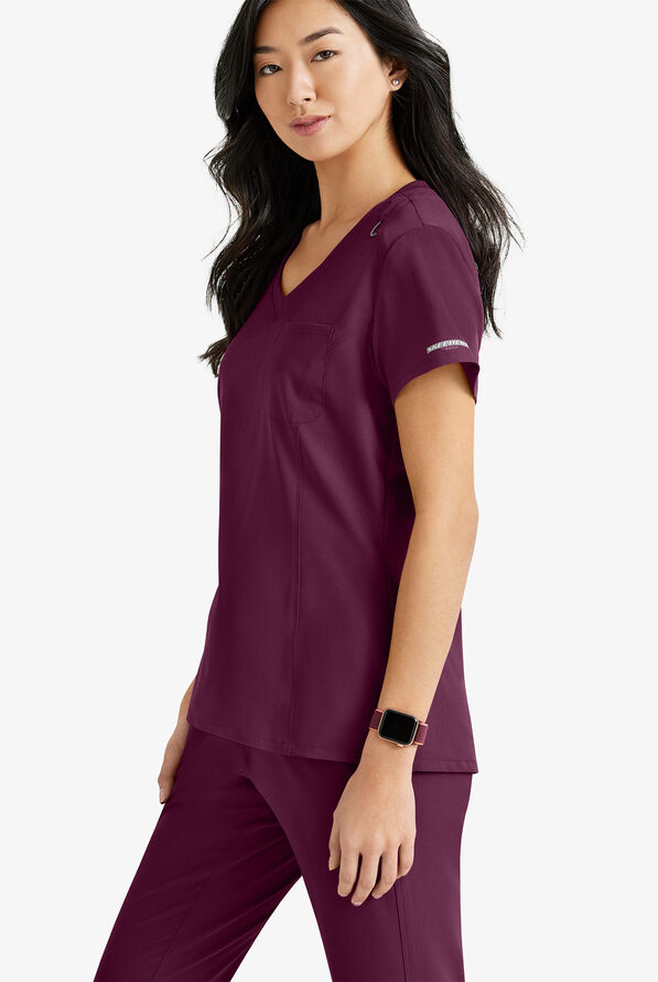 Blusa m&eacute;dica Skechers by Barco Dignity STRETCH con cuello en V y 1 bolsillo para mujer - Wine - 4