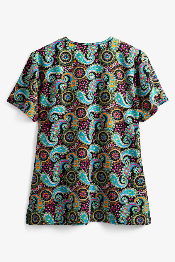 Green Town Ethnic Paisley Women's 3-Pocket Mock Wrap Print Scrub Top - null - 2