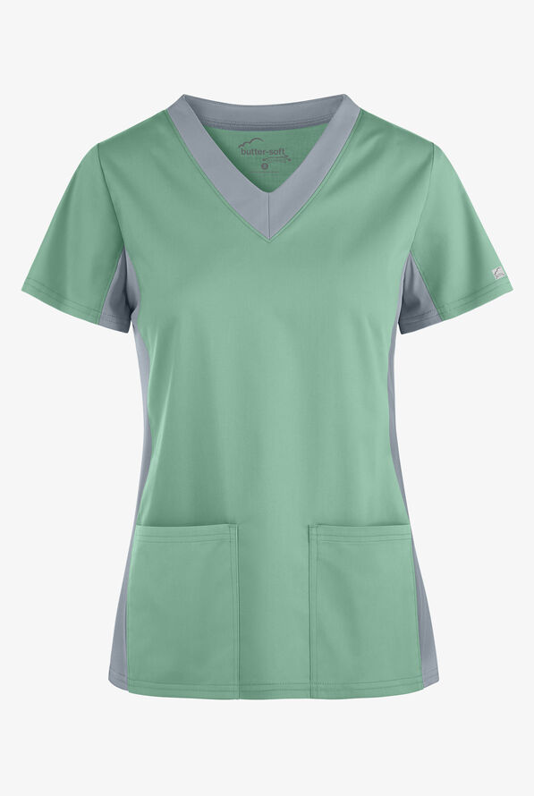 Butter-Soft STRETCH Women's 3-Pocket Contrast Scrub Top - Water Mint/Silver - 1