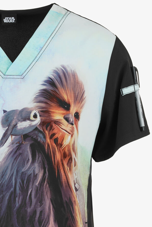 Cherokee Tooniforms Star Wars Chewie Men's 1-Pocket V-Neck Print Scrub Top - null - 4