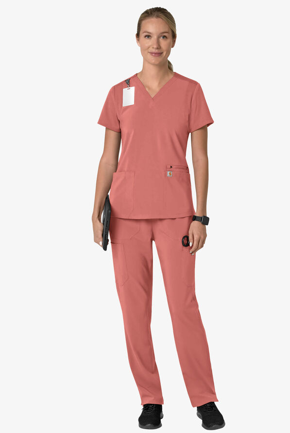 Carhartt Cross-Flex Force Women's 3-Pocket STRETCH Knit Panel Scrub Top - Wild Rose - 4