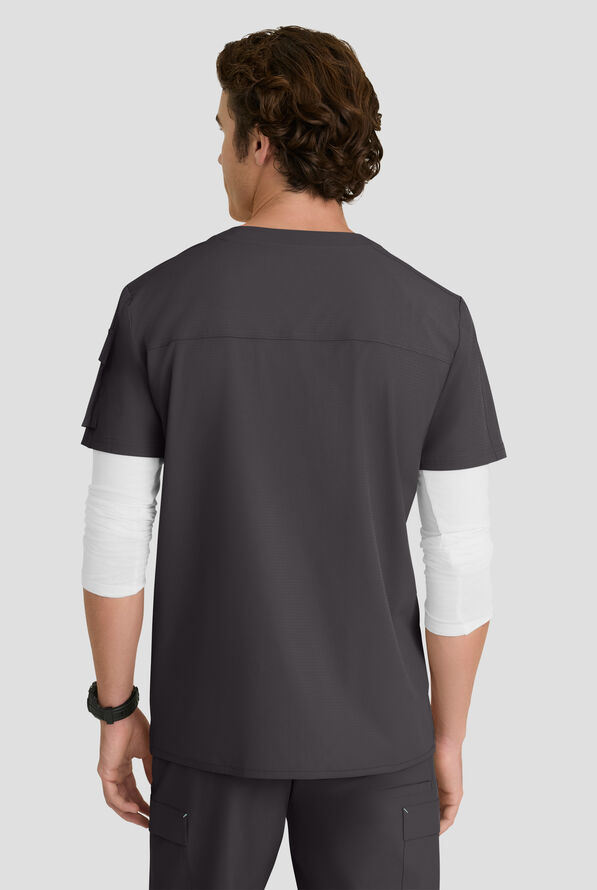 Skechers by Barco Ripstop Station Men's 3-Pocket STRETCH Notched Hem Round Neck Scrub Top - Pewter - 4