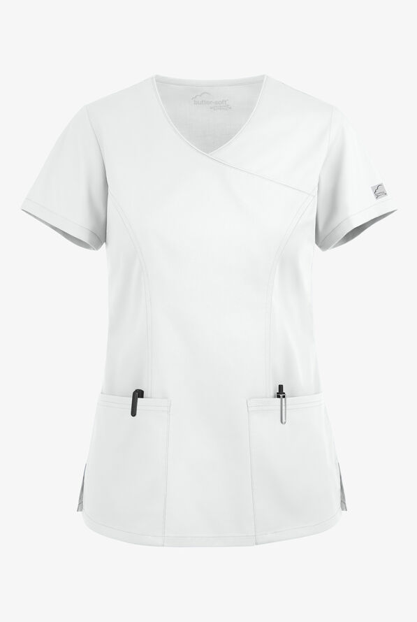 Butter-Soft STRETCH Women's 3-Pocket V-Neck Mock Wrap Scrub Top - White - 1