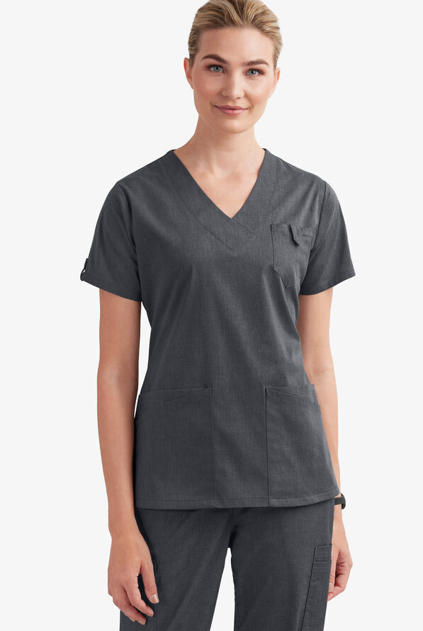Butter-Soft STRETCH Women's 6-Pocket V-Neck Scrub Top - Heather Charcoal - 2