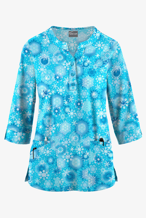Butter-Soft Dazzling Snowflakes Turquoise Women's 2-Pocket Round Neckline Print Scrub Top - null - 1