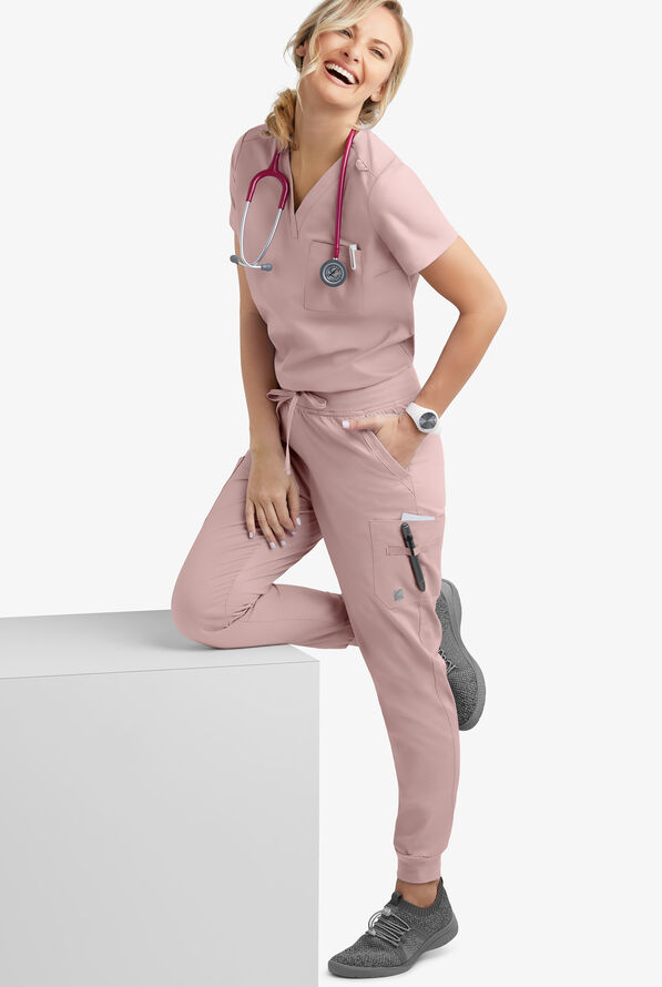 Butter-Soft STRETCH Women's 2-Pocket V-Neck Tuck-In Scrub Top - Mauve Shadow - 2